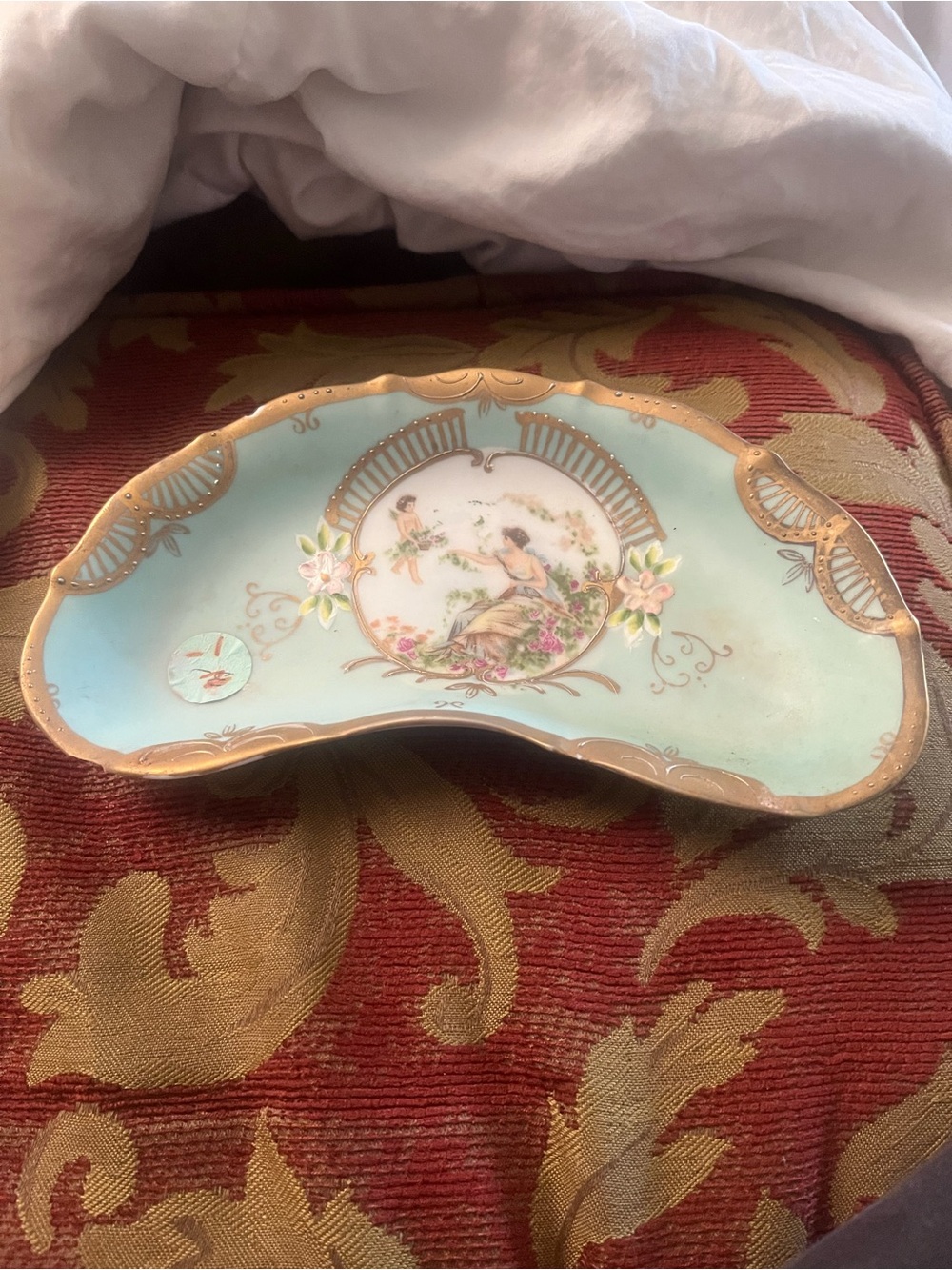 Vintage Floral Hand-Painted Porcelain Dish in Mint and Gold
